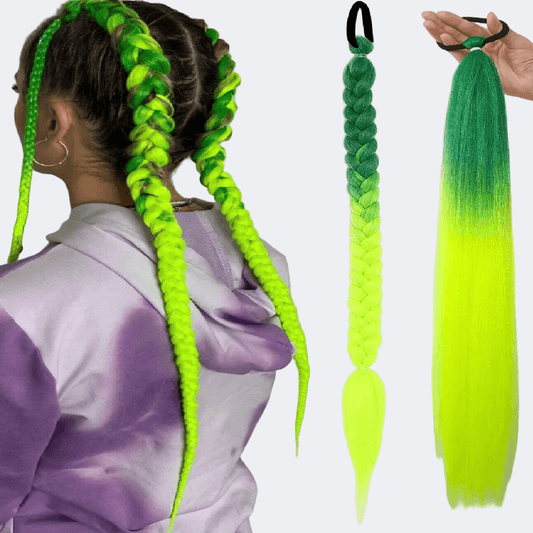 Person with green and yellow braided hair extensions and a close-up of the extensions.
