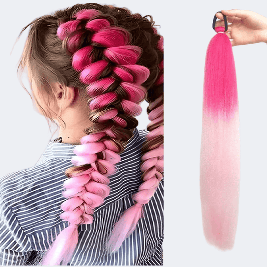 Pink hair extension shown in a braid and as a separate piece.