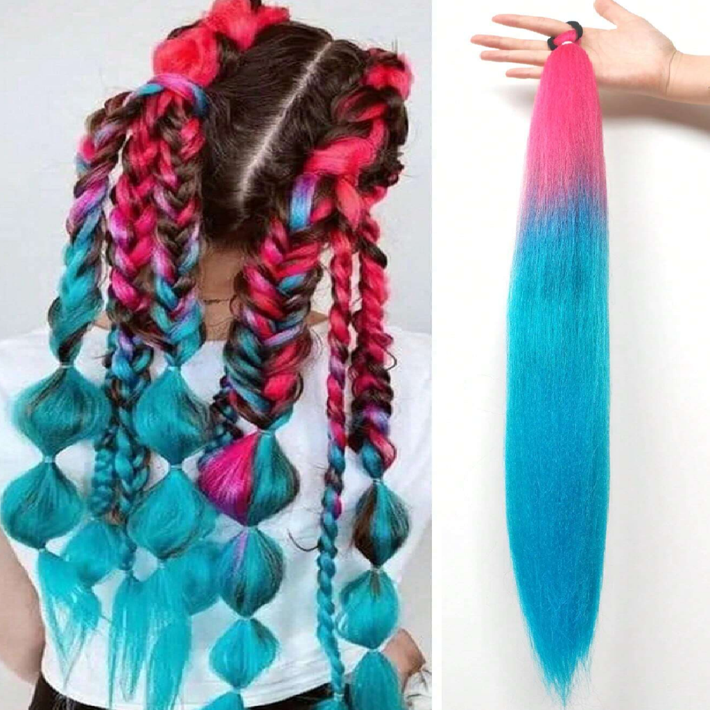Colorful braided hair extensions on a person and a close-up of a single braid.