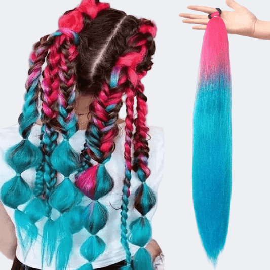 Colorful braided hair extensions with a hand holding a blue and pink hair extension against a white background.