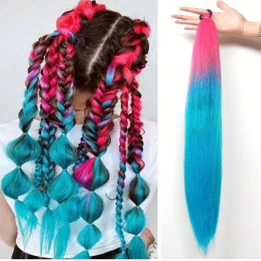 Colorful braided hair extensions on a person and a straight hair extension