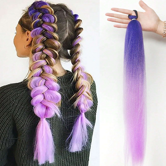 Purple hair extensions shown on a mannequin 
