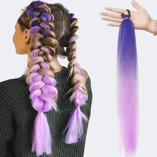 Purple hair extensions styled in braids on a person, with a close-up of a single extension.