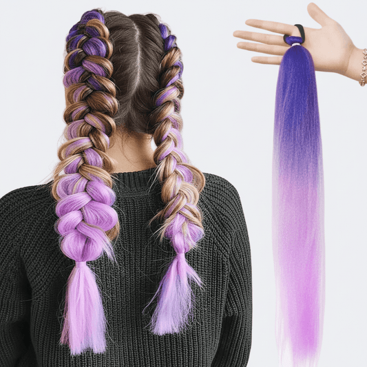 Purple hair extension held by a hand on a white background