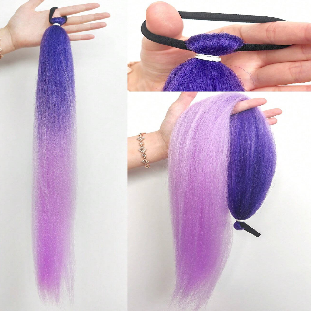 Purple hair extensions shown in different angles on a white background