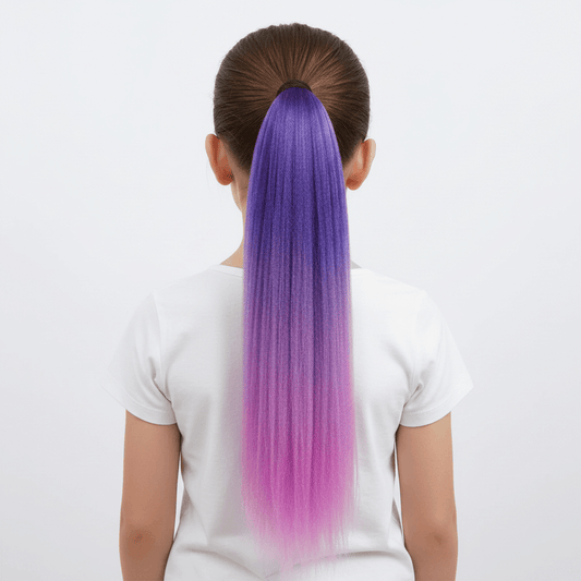 Purple hair extensions styled in braids on a person, with a close-up of a single extension.