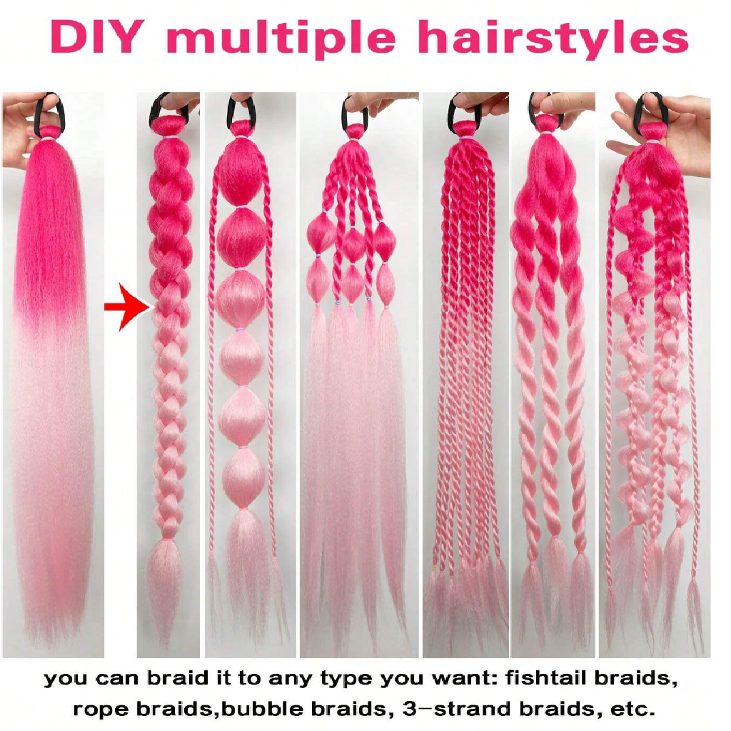 Pink hair extensions shown in various braided styles with text indicating DIY hairstyles.