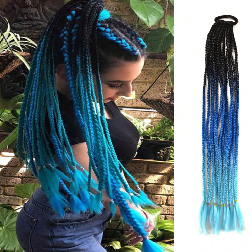 Woman with blue braided hair and a close-up of blue ombre braids on a white background.