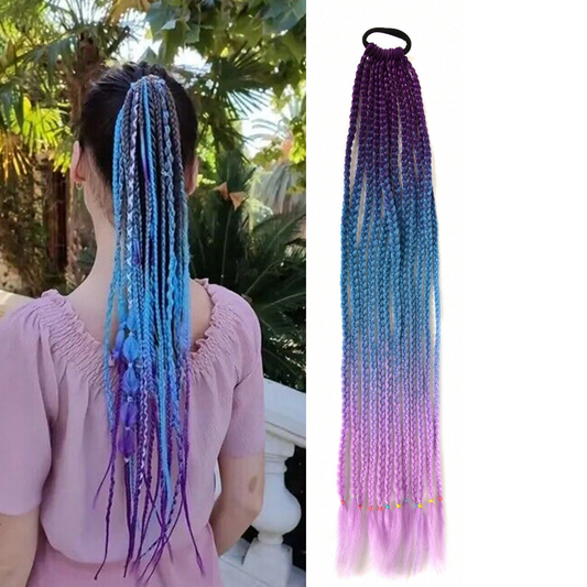 Blue and purple braided hair extensions with a person wearing them outdoors.