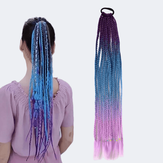 Blue and purple ombre braided hair extensions on a white background