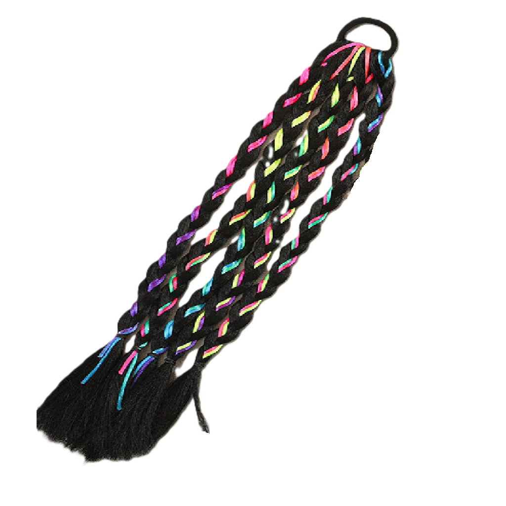 Braided horse tail with colorful accents on a white background