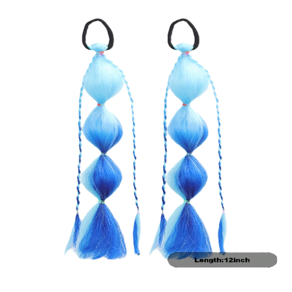 Two blue hair extensions with black elastics on a white background