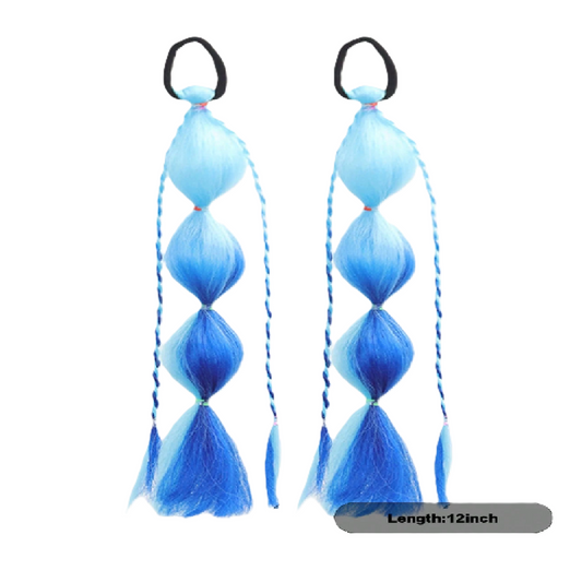 Two blue hair extensions with black elastics on a white background