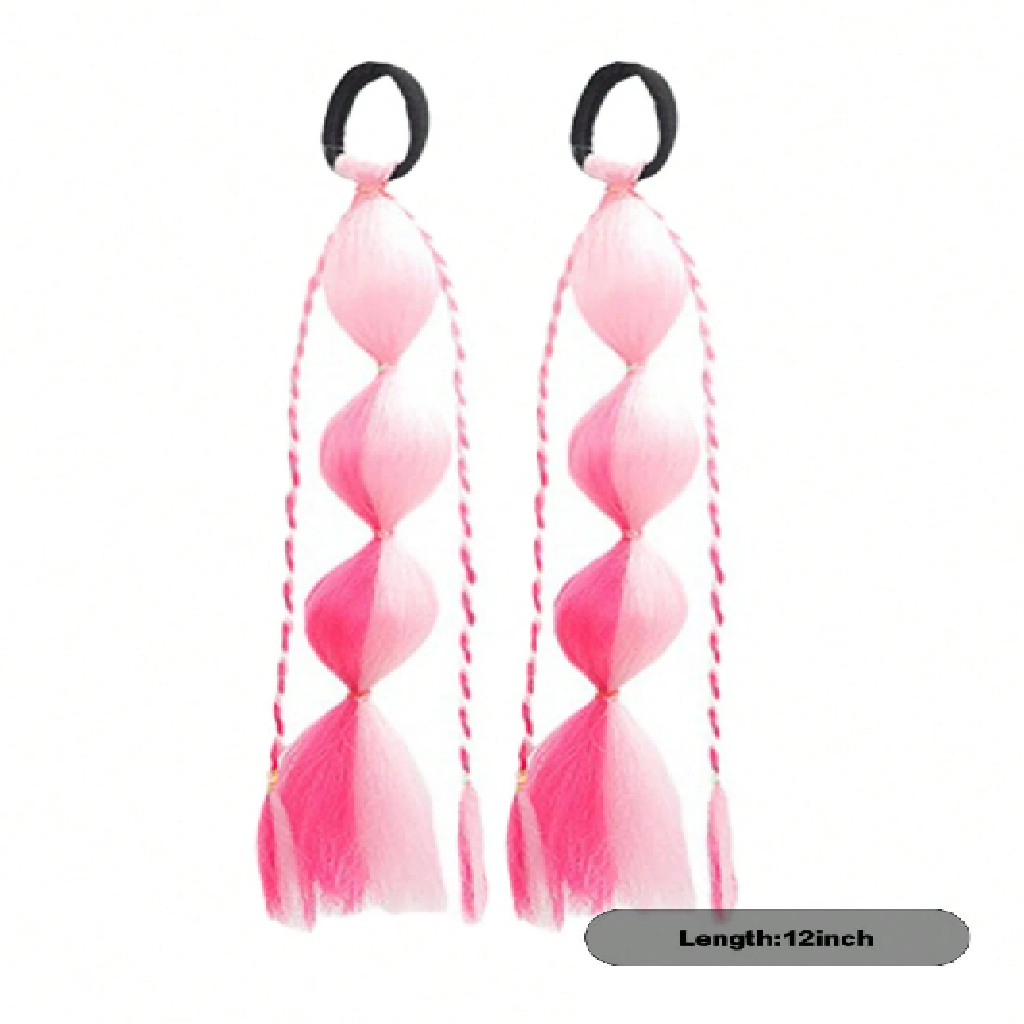 Two pink braided hair extensions with black elastics on a white background.