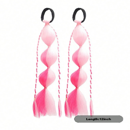 Two pink braided hair extensions with black elastics on a white background.