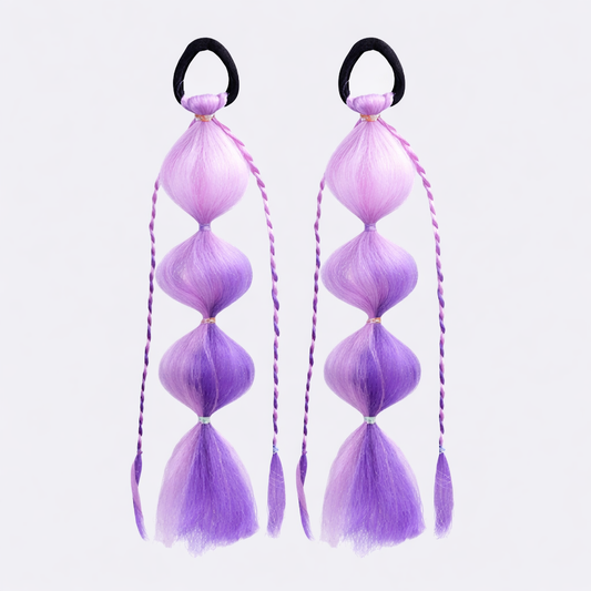 Two purple hair extensions with black elastics on a white background