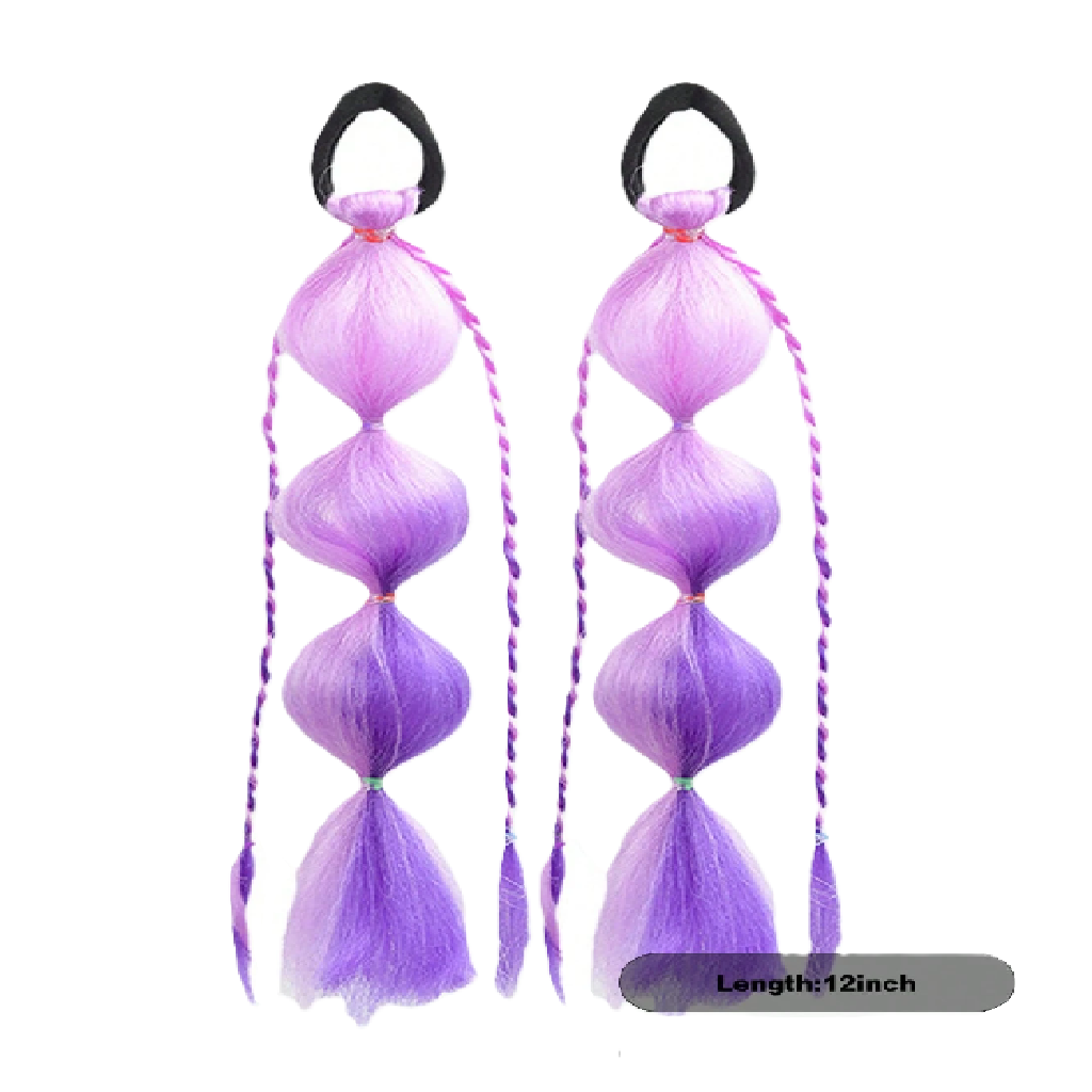 Two purple hair ties with extensions on a white background