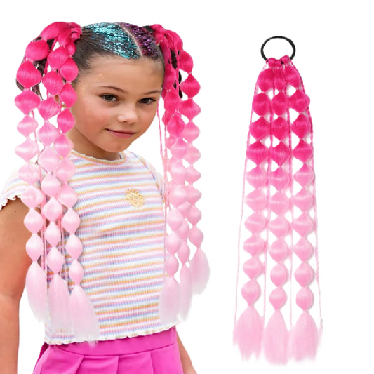 Girl with pink hair extensions and a close-up of the extensions on a white background