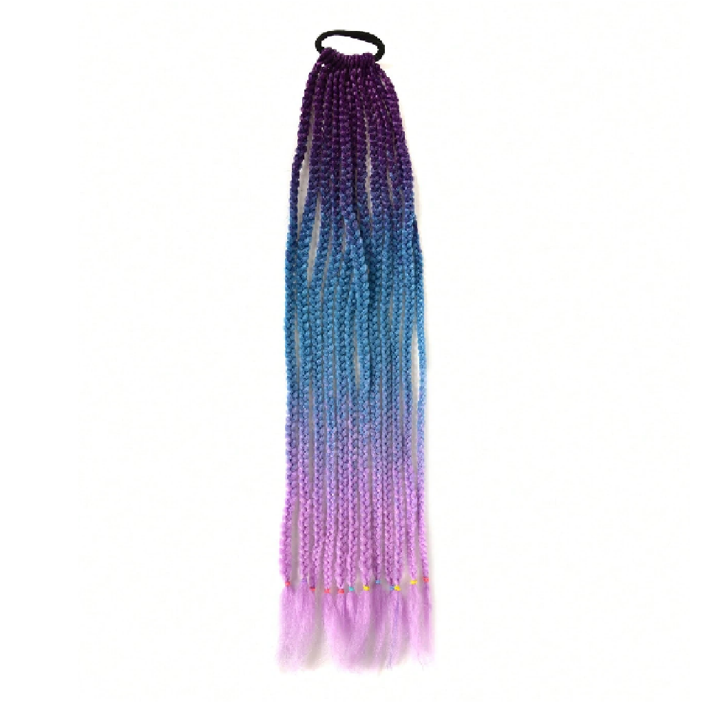 Gradient hair extension with purple to pink color on a white background
