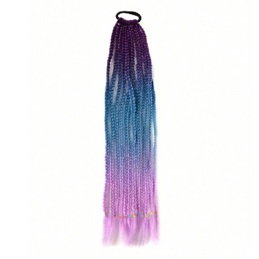 Gradient hair extension with purple to pink color on a white background
