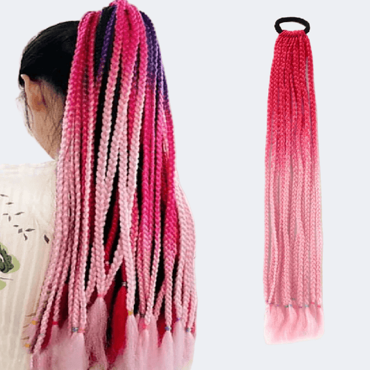 Pink braided hair extensions with a gradient effect on a white background.