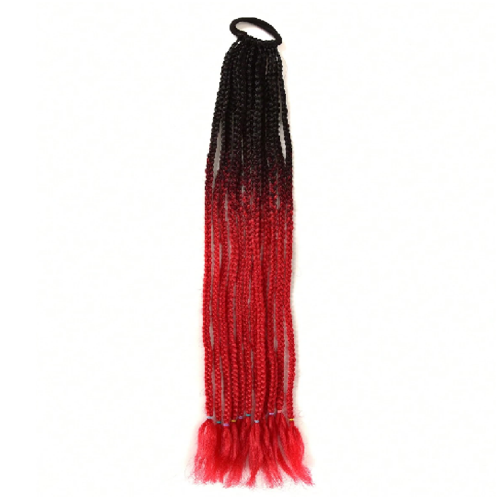 Black to red braided hair extensions on a white background