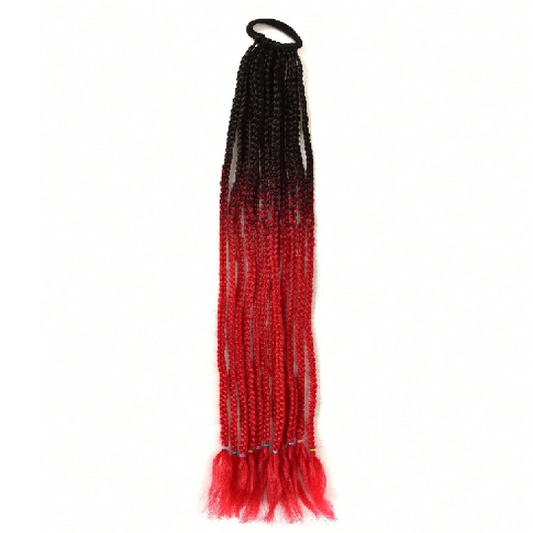 Black to red braided hair extensions on a white background