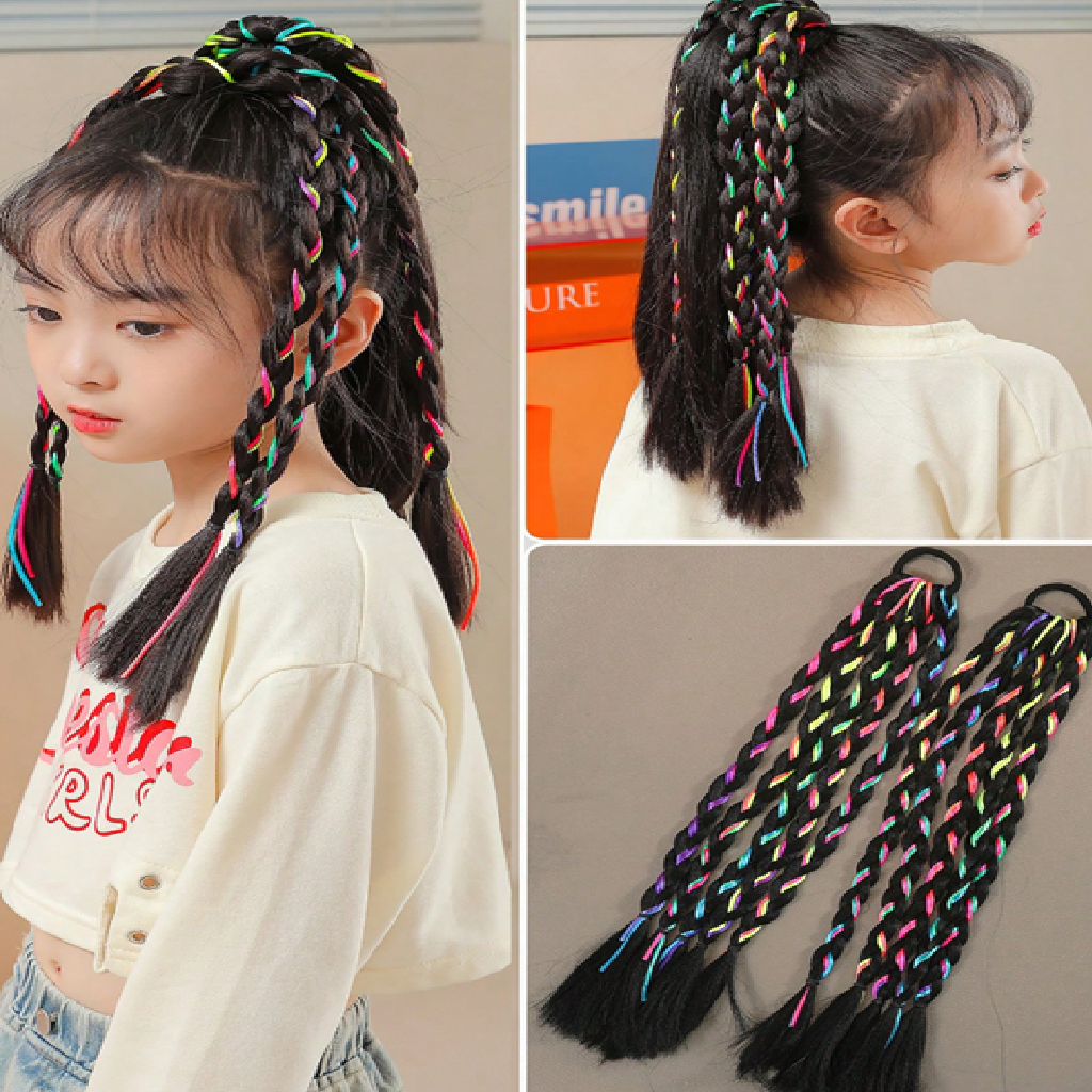 Child with colorful braided hair extensions and a close-up of the extensions.