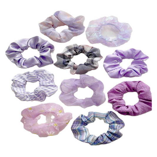 Assorted purple scrunchies with different patterns