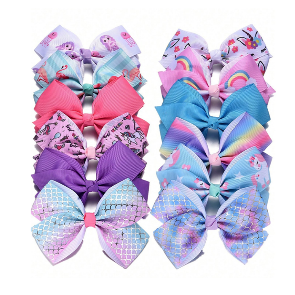 Set of colorful hair bows with various designs on a white background