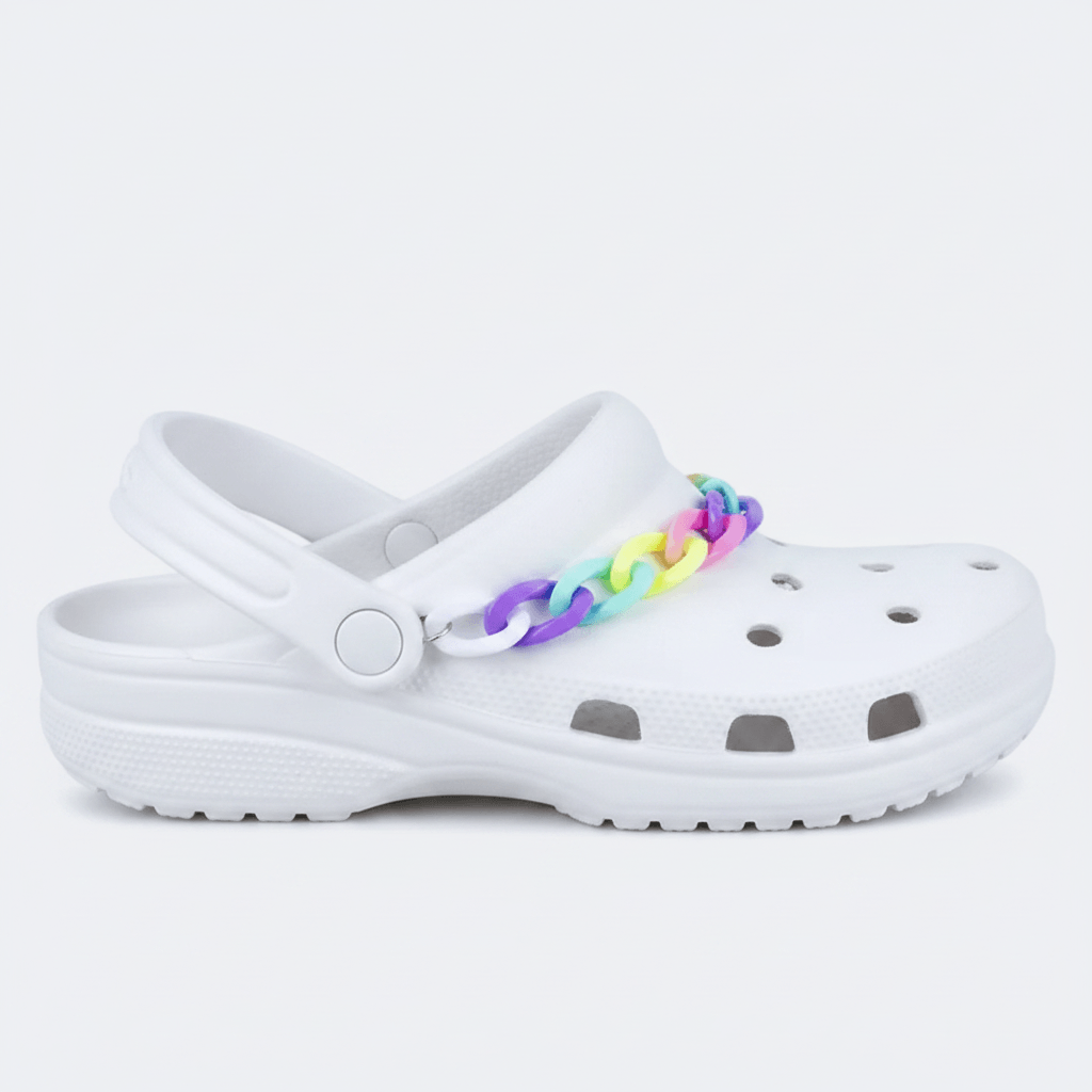 White clogs with colorful braided straps