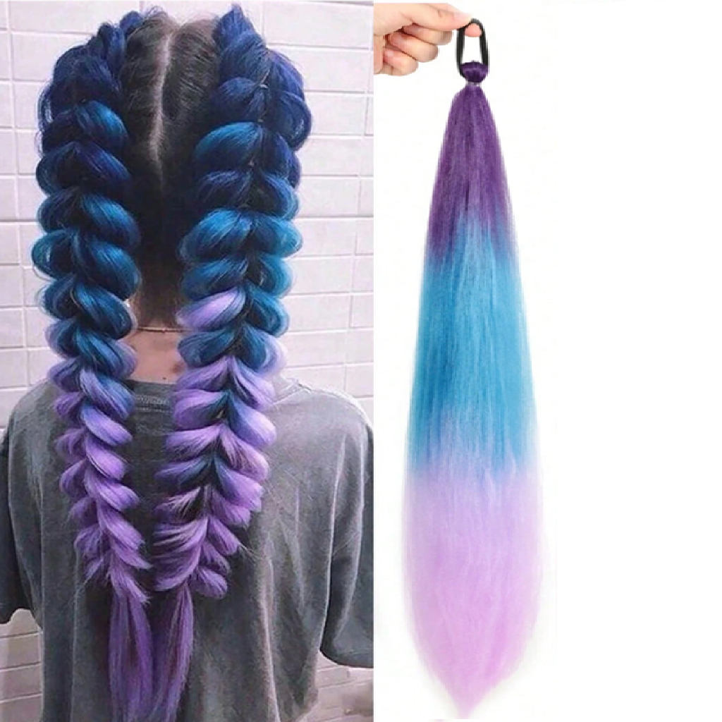 Gradient blue to purple hair extension with a person wearing it styled in braids.
