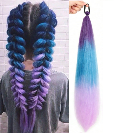 Gradient blue to purple hair extension with a person wearing it styled in braids.
