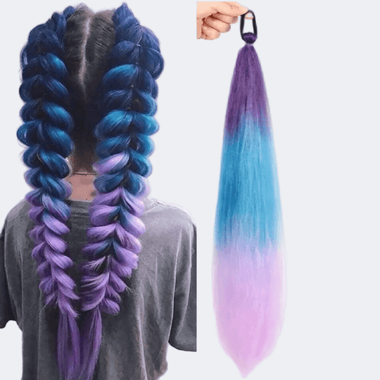 Gradient blue to purple hair extension with a person wearing it and another extension held by a hand.