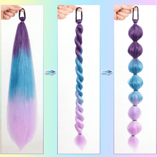 Purple to blue gradient hair extensions shown in different styles on a colorful background.