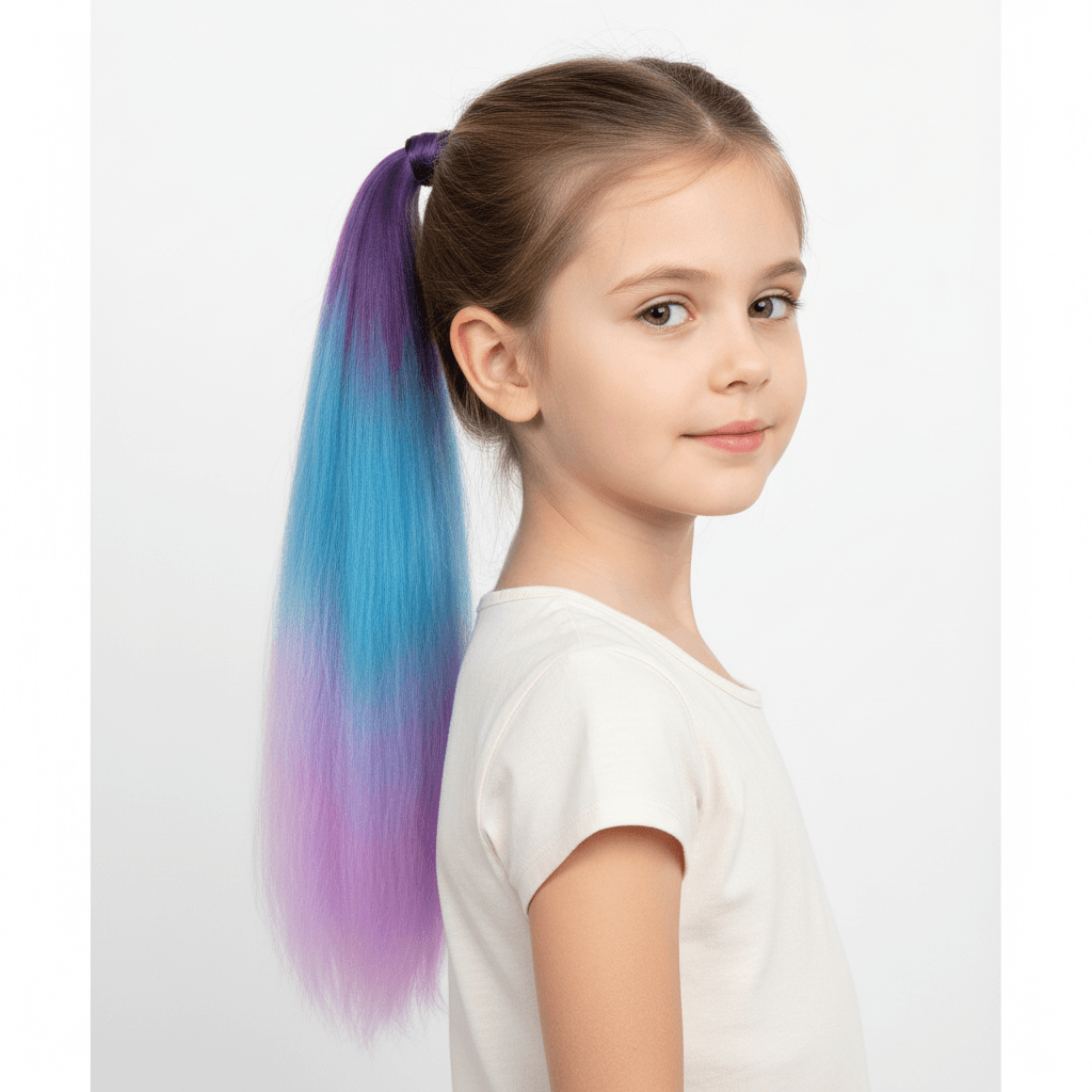 Gradient blue to purple hair extension with a person wearing it and another extension held by a hand.