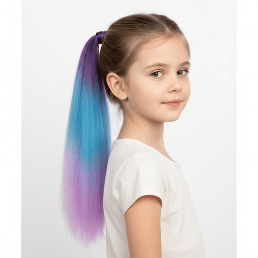 Gradient blue to purple hair extension with a person wearing it and another extension held by a hand.