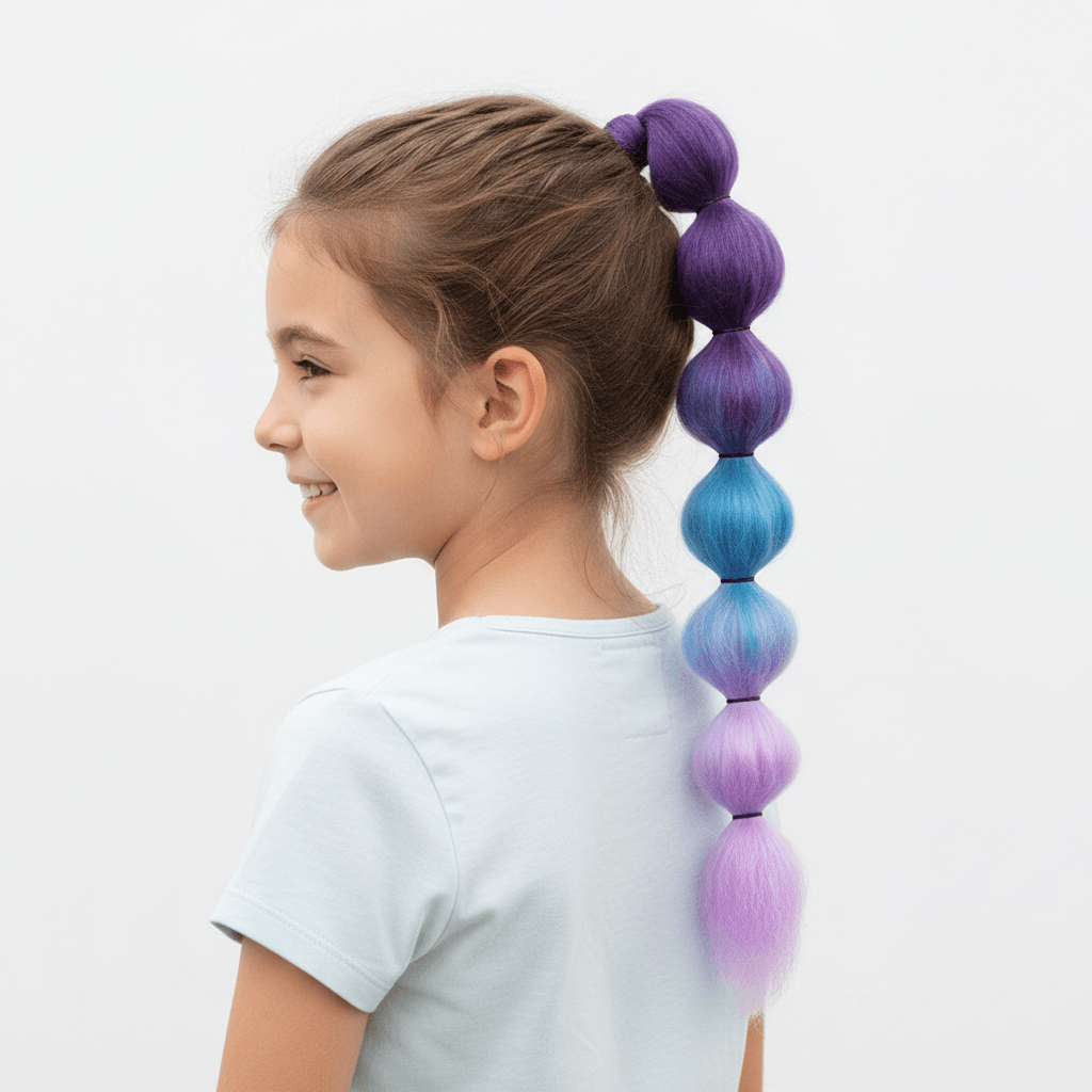 Gradient blue to purple hair extension with a person wearing it and another extension held by a hand.