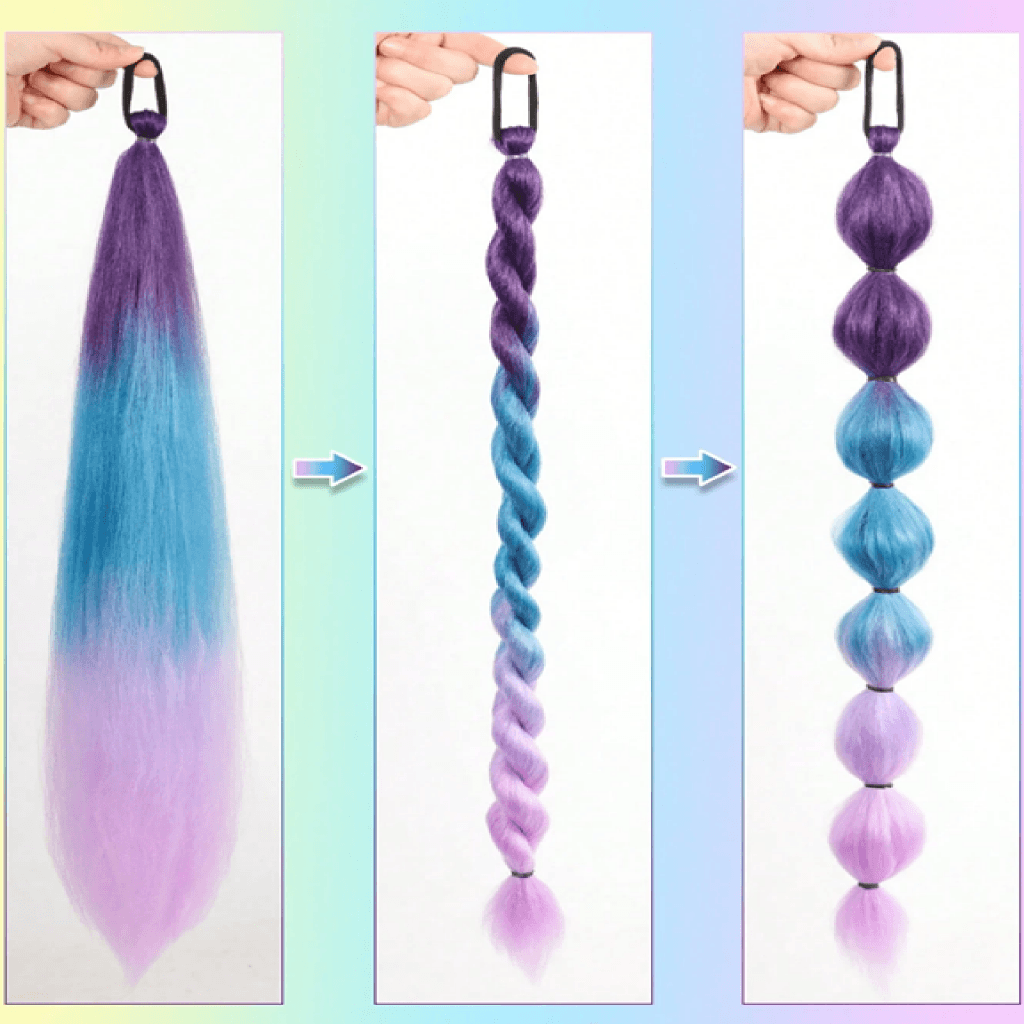 Rainbow Ombre Hair Extension shown in different styles on a colorful background.
