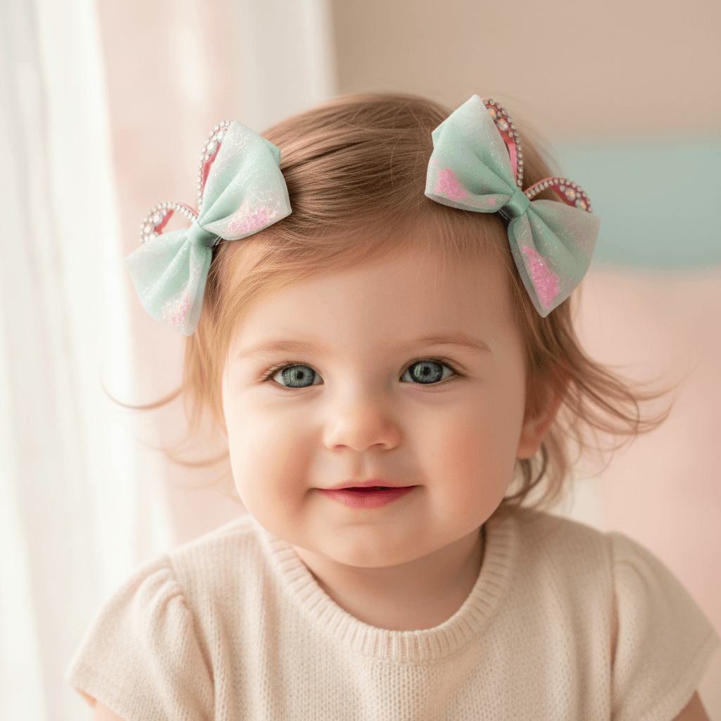 A close-up portrait of a young child wearing two mint green bow hair clips with pink patterned inner layers and pearl-like trim, against a soft cream and pale pink background.