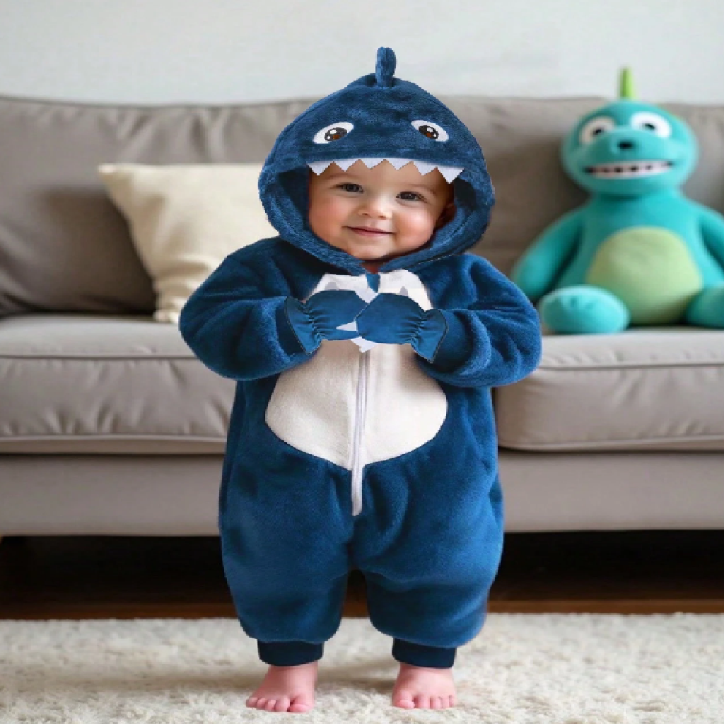 Baby in a blue shark onesie standing in front of a beige couch with a green plush toy.