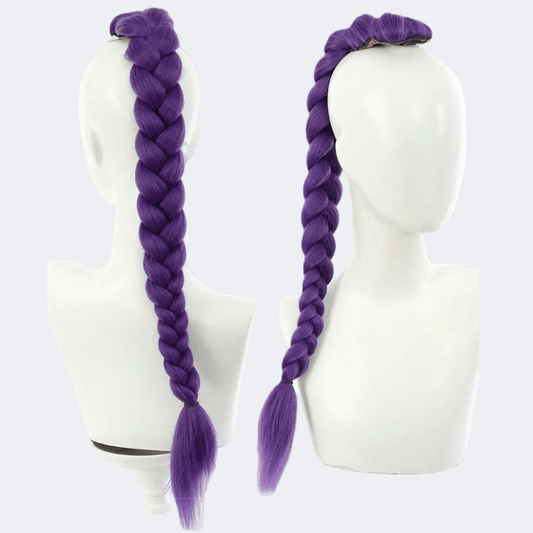 Purple braided wig on a mannequin head against a white background