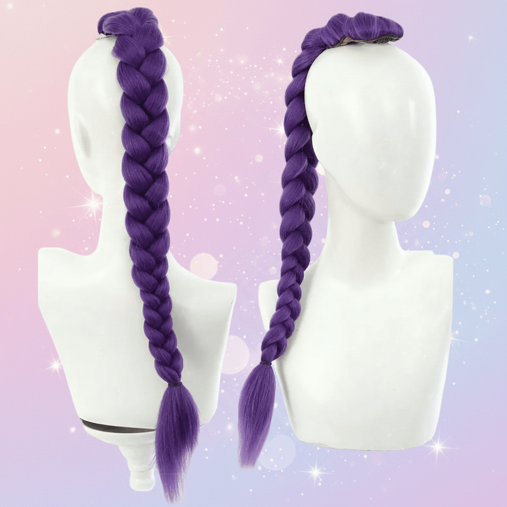 Purple braided wig on mannequin heads against a pastel gradient background