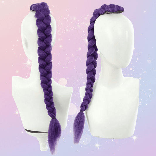 Purple braided wig on mannequin heads against a pastel gradient background