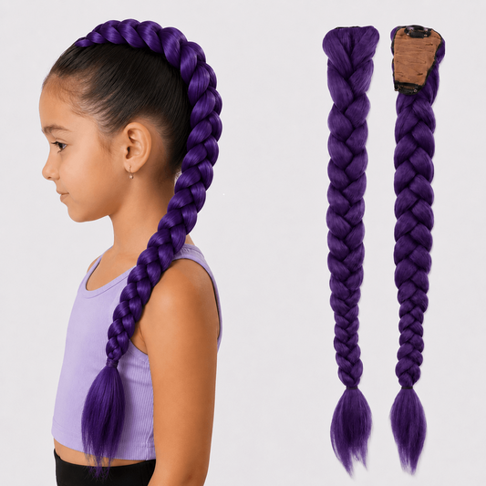 Purple braided hair extensions with a person wearing them and close-up views on a white background.