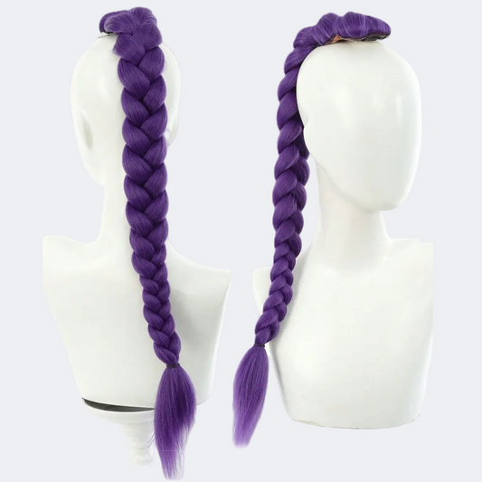 Purple braided wig on a mannequin head against a white background