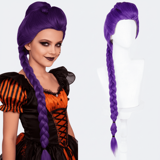 Woman with long purple braided wig wearing a costume, next to a mannequin head with the wig on a white background.