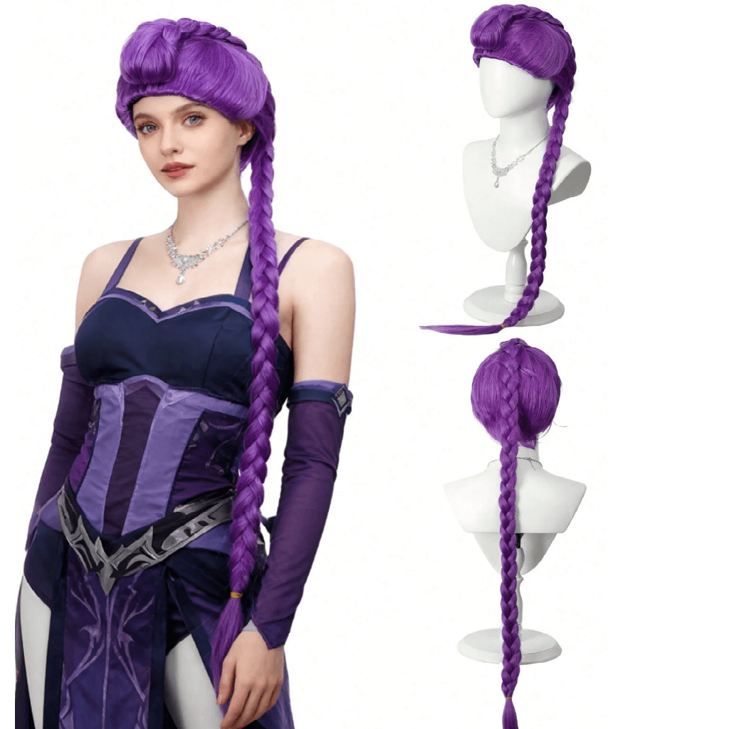 Woman with long purple braided wig wearing a costume, next to a mannequin head with the wig on a white background.