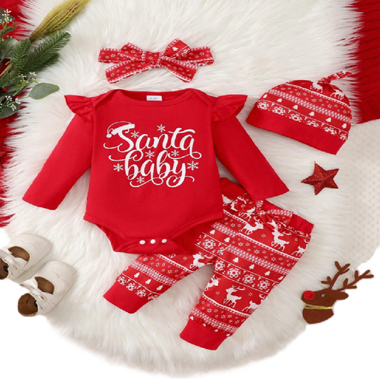 Red Christmas-themed baby outfit with 'Santa baby' bodysuit, pants, hat