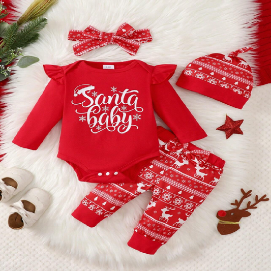 Red Christmas-themed baby outfit with 'Santa baby' onesie, pants, hat, and bow on a white background.